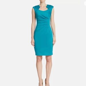 NEW - CALVIN KLEIN Horseshoe Neck Ruched Stretch Sheath Dress Lagoon Blue Teal